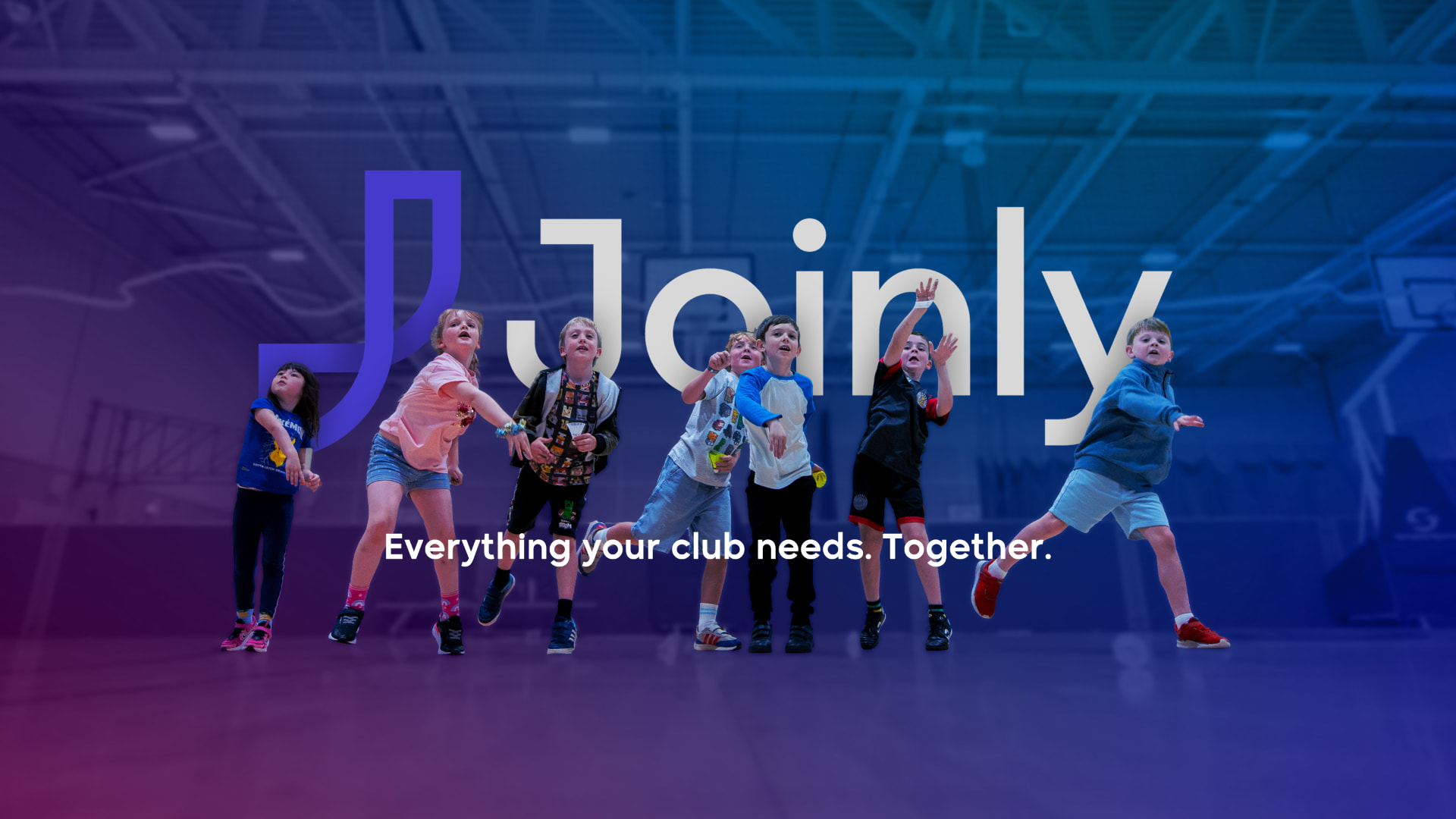 Children playing in a sports hall under the Joinly logo with the tagline Everything your club needs. Together.