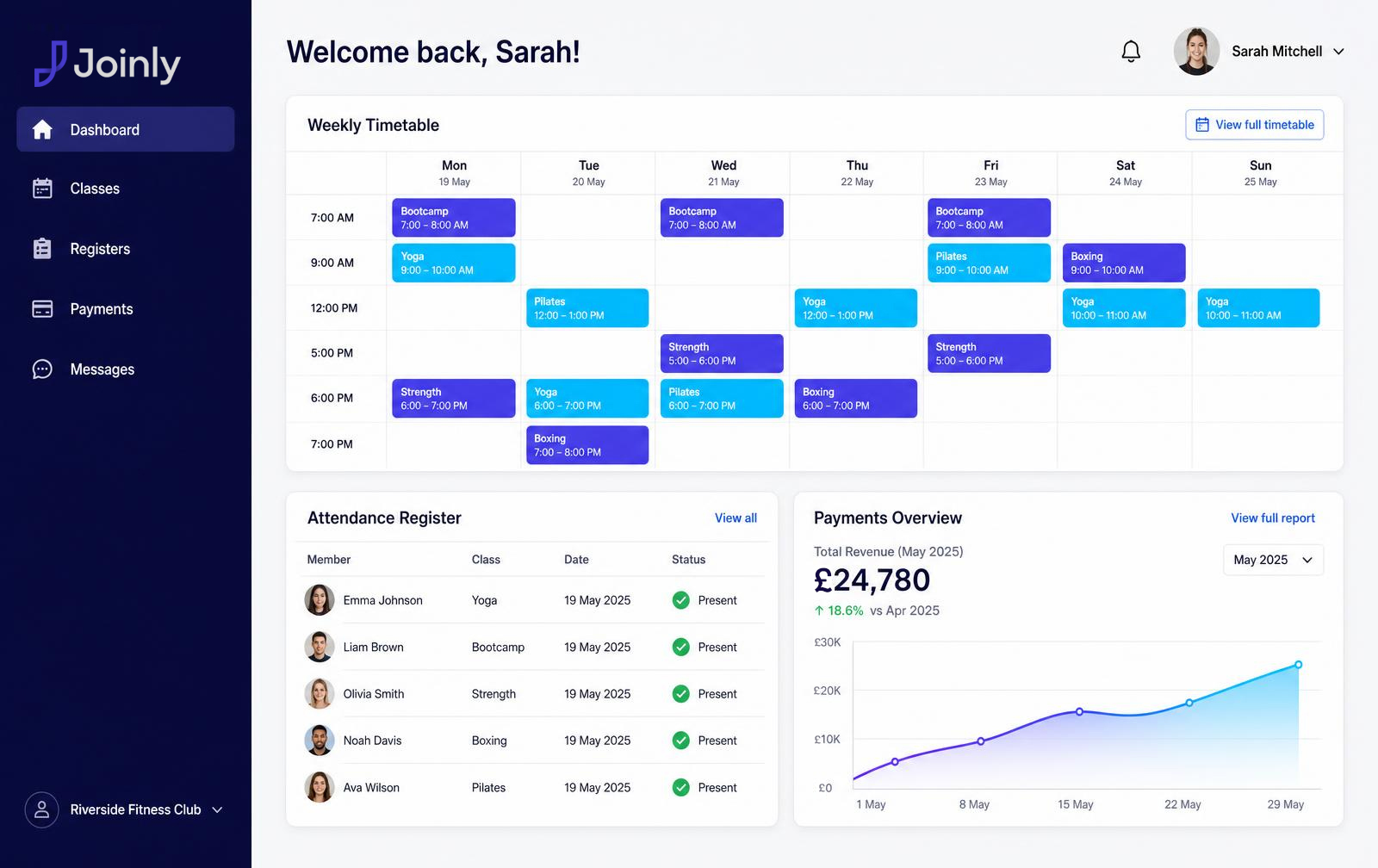Joinly dashboard showing a weekly class timetable, attendance register and payments overview